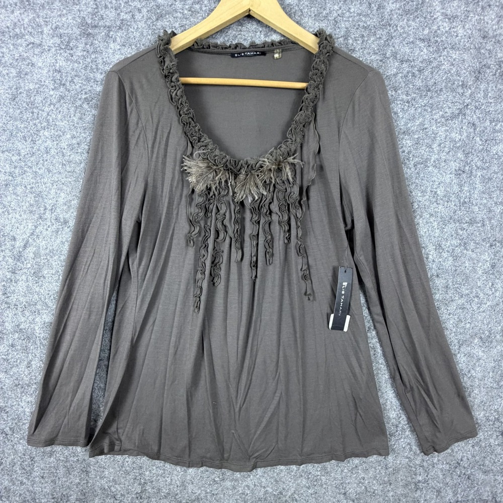 Elie Tahari Top Womens Large Brown Feathers Rosalin Knit Stretch Ruffle